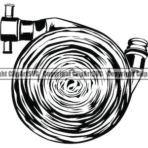 May include: Black and white illustration of a coiled fire hose with a nozzle on one end.
