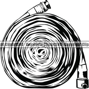 May include: Black and white illustration of a coiled fire hose with a nozzle.