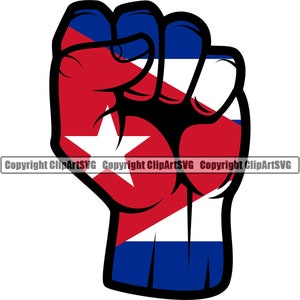 May include: A raised fist with the Cuban flag colors: red, white, and blue. The fist is clenched with a white star in the center of the red triangle.