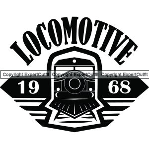 May include: Black and white illustration of a locomotive train with the word "LOCOMOTIVE" in a curved arch above the train. The numbers "19" and "68" are on either side of the train.