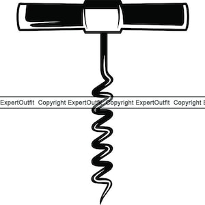 May include: A black metal corkscrew with a T-shaped handle and a spiral corkscrew.