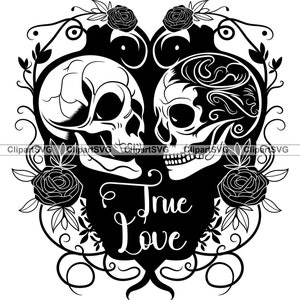 Skull Couple True Love Skeleton Valentines Day Romantic Horror Day Of Dead Gothic Wedding Cartoon Drawing Art Logo Tattoo Design SVG PNG Cut