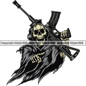 Sensenmann Totenkopf Maschinengewehr Sichel Tod Evil Kill Killer Gespenst Tattoo Knochen Angst Hölle Art Design Logo SVG PNG Vektor Clipart geschnitten Datei