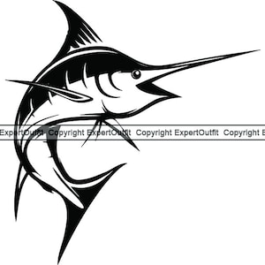 May include: Black and white silhouette of a marlin fish with a long, pointed bill and a large dorsal fin.