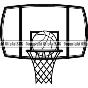 May include: Black and white line drawing of a basketball hoop with a basketball going through the net.