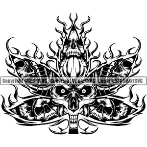 May include: Black and white illustration of a marijuana leaf with skulls and flames. The leaf is stylized with a tribal design and has a skull in the center.