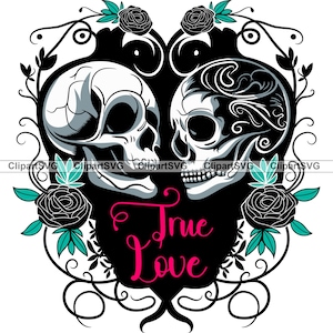 Crânio Casal Amor Verdadeiro Esqueleto Dia dos Namorados Terror Romântico Casamento Gótico Rosa Negra Desenho Desenho Arte Logotipo Tatuagem Design SVG PNG Cut