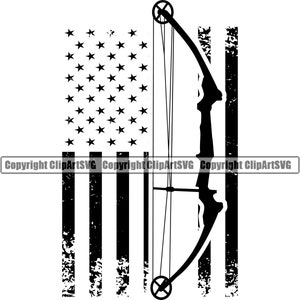 May include: Black and white silhouette of a bow and arrow superimposed over a distressed American flag design.