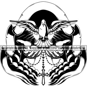 May include: Black and white illustration of a dove with outstretched wings, radiating light. The dove is held in cupped hands, with a rosary and cross below. A banner arches above the dove, with the text "Copyright ClipArtSVG" repeated.