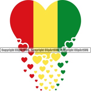 May include: A red, yellow, and green heart with a cascade of smaller hearts in red, yellow, and white. The heart is divided into three sections, with red on the left, yellow in the middle, and green on the right.
