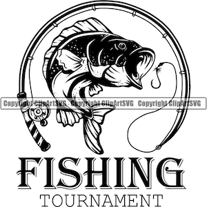 Bass Fishing Logo Fish Pole Fresh Salt Water Lake River Ocean Deep Sea Trout Sport Game Rod Reel Boat .SVG .PNG Clipart Vector Cut Cutting
