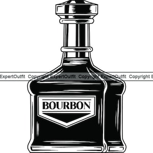 May include: Black and white illustration of a bourbon bottle. The bottle has a rectangular body with rounded edges and a long neck. The label reads "BOURBON" in a bold, serif font. The cap is metallic.