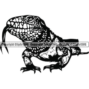 May include: Black and white silhouette of a lizard with a long tongue sticking out. The lizard is in a crouched position with its legs spread out.