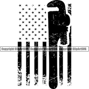 May include: Black and white distressed image of an American flag with a wrench in the center. The wrench is a silhouette and the flag is a distressed design.