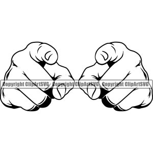 May include: Two black and white cartoon hands pointing at the viewer with their index fingers.