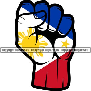 May include: A raised fist with the colors of the Philippine flag. The fist is blue, white, and red with a yellow sun and star.