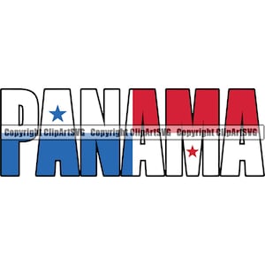 Op de afbeelding: Het woord "PANAMA" is geschreven in vetgedrukte, zwarte letters. Elke letter is gevuld met de kleuren van de Panamese vlag: blauw met een witte ster, wit, rood met een witte ster en rood.