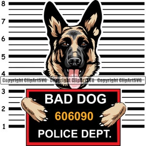Może przedstawiać: Owczarek niemiecki z czarno-czerwonym znakiem policyjnego zdjęcia, na którym widnieje napis "BAD DOG" z numerem "606090" i "POLICE DEPT."