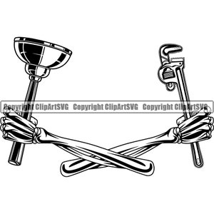 May include: Black and white illustration of two skeletal hands holding a plunger and a pipe wrench, crossed over each other.