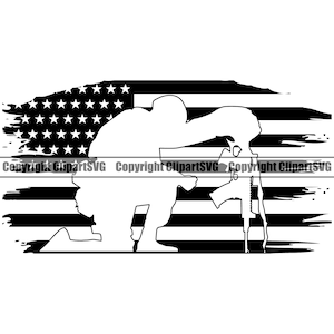 May include: A black and white silhouette of a soldier kneeling with a rifle in front of a distressed American flag.