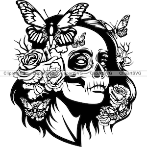Skull Butterfly Flower Rose Floral Woman Female Feminine Skeleton Head Death Gothic Horror Zombie Drawing Art Logo Tattoo Design SVG PNG Cut