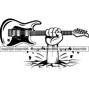 Gitaar Logo #16 Hand met elektrisch elektrisch muziekinstrument String Rock N Roll muziekband. SVG. PNG Clipart Vector Cricut snijden