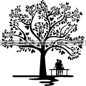 Könnte beinhalten: Schwarze Silhouette eines Paares, das auf einer Bank unter einem Baum mit herzförmigen Blättern sitzt. Der Baum ist stilisiert und hat einen dicken Stamm.