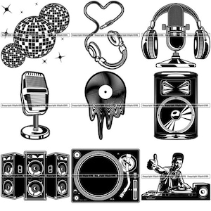 BÜNDEL Discokugeln Mikrofon Kopfhörer Turntable Boy DJ Set Mic Retro Lautsprecher Vinyl Disc Mixer Lautsprecher Art Logo .SVG Vektor Cut Cutting