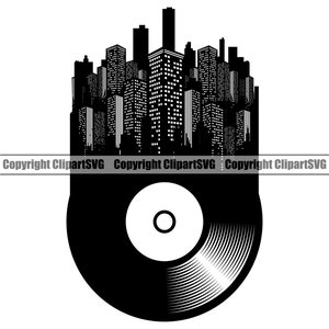 Vinyl Schallplatte Album Stadt Club Nachtleben Musik Party Plattenspieler DJ Disc Jockey Stereo Sound Design Art Logo SVG PNG Vektor Clipart Cut