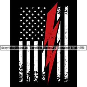 May include: A distressed American flag design with a red lightning bolt in the center. The flag is on a black background.