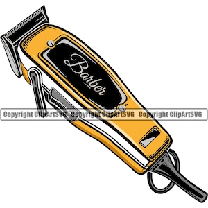 May include: A yellow and black electric hair clipper with the word "Barber" written on the side.