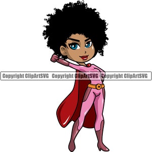 Niedliche Cartoon schwarze Frau weiblich Mädchen Gesicht Haare Afro Big Eyes Lola African Nubian Super Hero Queen Art SVG PNG JPG Clipart Vektor schneiden Schnitt