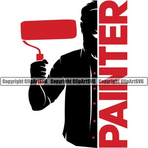 May include: Silhouette of a painter holding a paint roller with the word "PAINTER" in red letters vertically down the right side of the image.