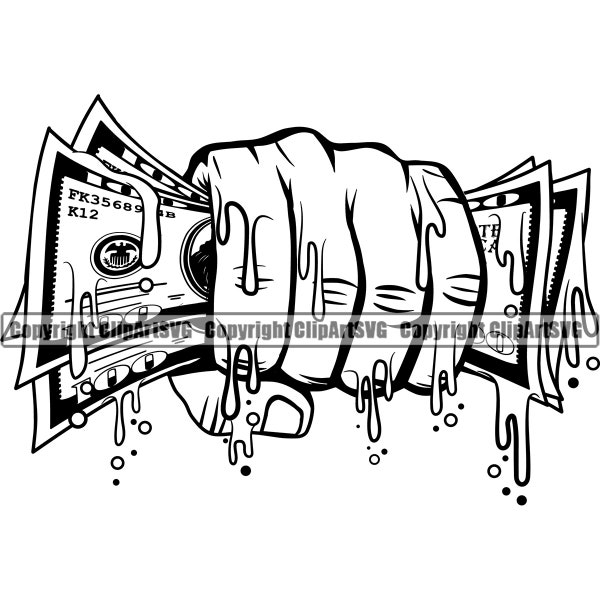 Hand Holding 100 Hundred Dollar Bill Money Stack Drip Dripping Cash Rich Wealth Profit Sign Art Design Logo SVG PNG Clipart Vector Cut File