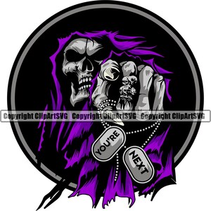 Sensenmann Skelett Totenkopf Grinsen Dog Tags Your Next Death Evil Kill Killer Gespenst Tattoo Hölle Art Logo SVG PNG Vektor Clipart Cut File