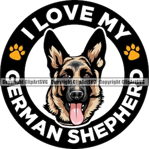 German Shepherd I Love My Dog Breed Smiling Happy Paw Puppy Pup Pet Clip Art K-9 Cop Police Logo SVG PNG Clipart Vector Cricut Cut Cutting