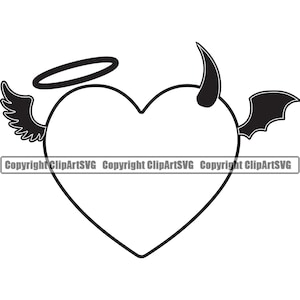 Corazón Ángel Diablo Alas Halo Cuerno Amor Odio Símbolo Ángel Tatuaje Tat Vida Muerte Bien Mal Mal Mosca Volando SVG PNG Digital Clipart Vector Archivo