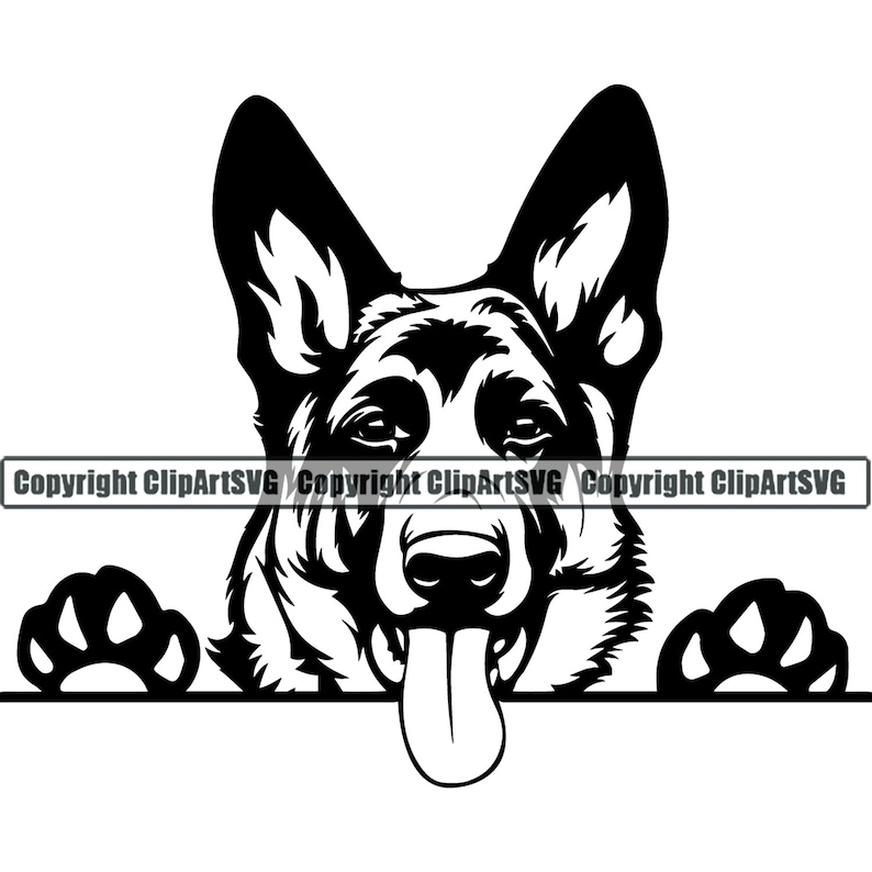 May include: Black and white silhouette of a German Shepherd dog peeking over a surface with its tongue sticking out. The dog has its paws on the surface and is looking directly at the viewer.