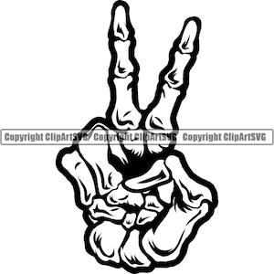 Skull Skeleton Hand Peace Sign Love Symbol Hippy Hippie Tattoo Bone Death Gesture Sign Art Design Element Logo SVG PNG Vector Clipart Cut