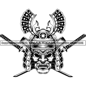 May include: Black and white illustration of a samurai helmet with a menacing mask and two crossed katanas. The helmet features ornate details and a decorative crest. The image is a bold graphic design, perfect for apparel or wall art.