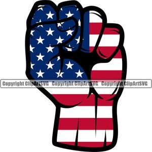May include: A raised fist with the American flag design. The fist is clenched with the thumb on the outside. The flag is red, white, and blue with white stars on a blue field.