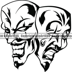 Happy Sad Masks #15 Laugh Now Cry Later Clown Gesicht Gangster Biker Thug Tattoo Illustration Theater.SVG.PNG Clipart Vektor Cricut Cut Cutting