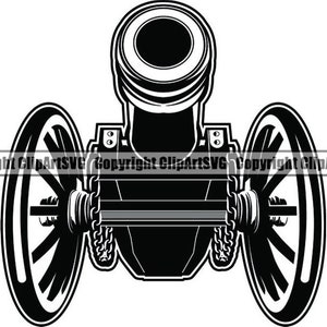 May include: Black and white illustration of a cannon, viewed from the front. The cannon has a large barrel, a carriage with two large wheels, and a chain detail. The design is a vintage style.