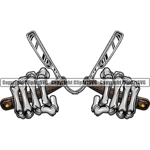 Skull Skeleton Hand Hold Holding Razor Blade Barber Shop Barbershop Salon Hair Cut Trim Shave Groom Design Logo SVG PNG Vector Clipart Cut