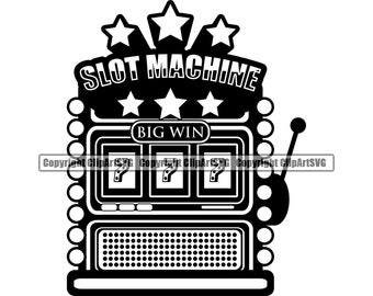 May include: Black and white illustration of a slot machine with the words "SLOT MACHINE" and "BIG WIN" on it. The machine has three windows with question marks in them and a lever on the side.