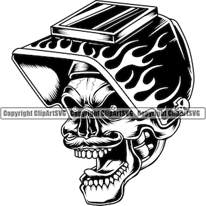 May include: Black and white illustration of a skull wearing a welding helmet with flames on the side. The skull is looking to the right and has an open mouth with teeth showing.
