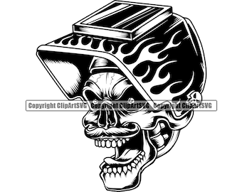 May include: Black and white illustration of a skull wearing a welding helmet with flames on the side. The skull is looking to the right and has an open mouth with teeth showing.