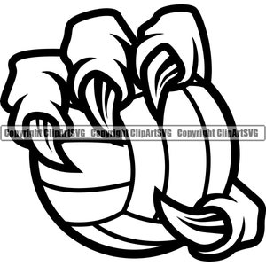 Peut inclure: Illustration en noir et blanc d'un ballon de volley-ball tenu par une paire de mains griffues.