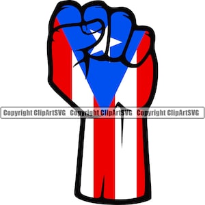 May include: A raised fist with the Puerto Rican flag colors of red, white, and blue. The fist is clenched and the thumb is pointing up.