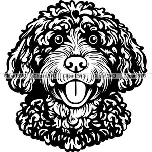 Perro de agua español sonriendo lindo cachorro cara mascota canina caniche portugués Labradoodle pata retrato dibujo arte logotipo tatuaje diseño SVG PNG corte